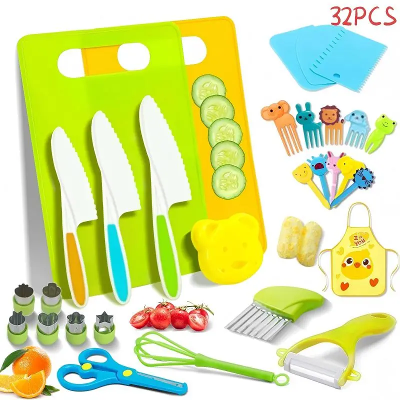 32PCS Safe Montessori Kids Kitchen Knife Set, Real Toddler Cooking Utensils & Sandwich Cutters for Ages 5-10, Complete Educational Kitchen Gadgets, Perfect Christmas Holiday Gift for Boys Girls