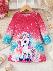 Girls' Unicorn Print Sequin Effect Long Sleeve Dress, Casual Fitted Cartoon Style, Spring & Fall Fashion, Cute Daily Wear
