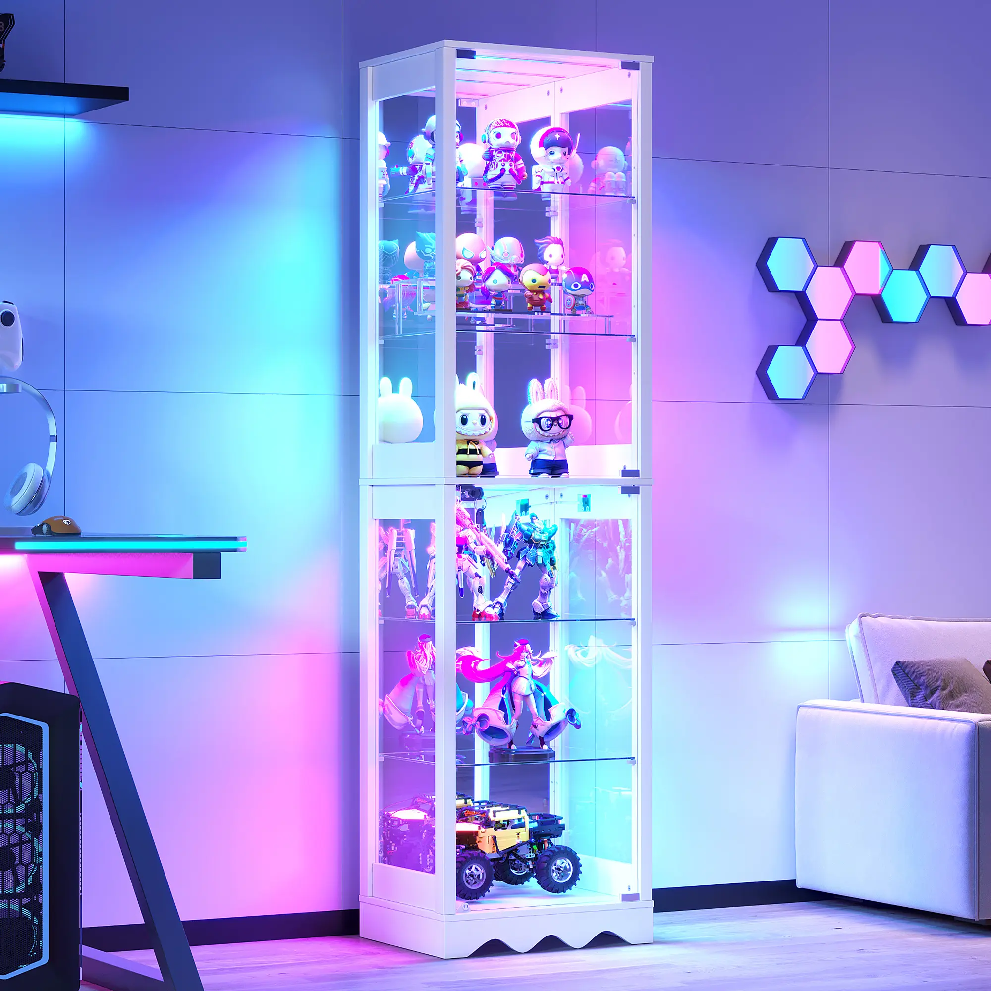 Vlsrka Display Cabinet with Glass Doors - 6 Tier Curio Cabinet with RGB Lights for Collectibles, LED Glass Display Case with Adjustable Shelves