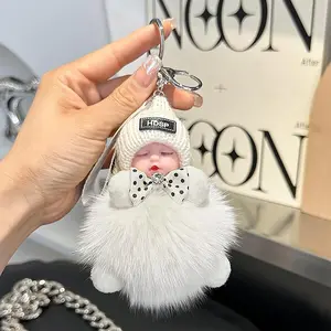 Keychain Parking Key with Adorable Baby Doll Charm and Fuzzy White Fur Accents for Stylish Accessory,Cute Fluffy Sleeping Baby Doll Keychain Plush Funny Keychains Doll Pom Pom Keychain For Girls Backpacks Pendant car  accessories  girls