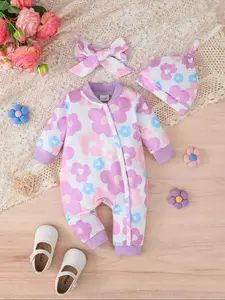 Baby Girl Floral Romper Set, Long Sleeve Bodysuit with Headband & Hat, Cute Design, Comfortable Fit, Daily Wear, Spring & Fall
