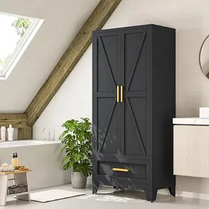 Metal Wardrobe Cabinet with Hanging Rod,71" Armoire Wardrobe Closet with 2 Drawers,Farmhouse Metal Clothing Storage Cabinets with Door and Adjustable Shelves for Bedroom,Laundry Room