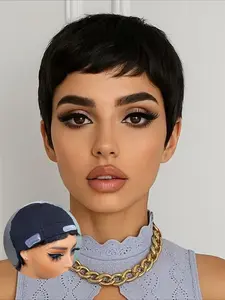 Straight Adjustable Human Hair Wig for Women Pixie Cut Wig Halloween Wig Full Machine Made Wig 150% Density 6 Inch