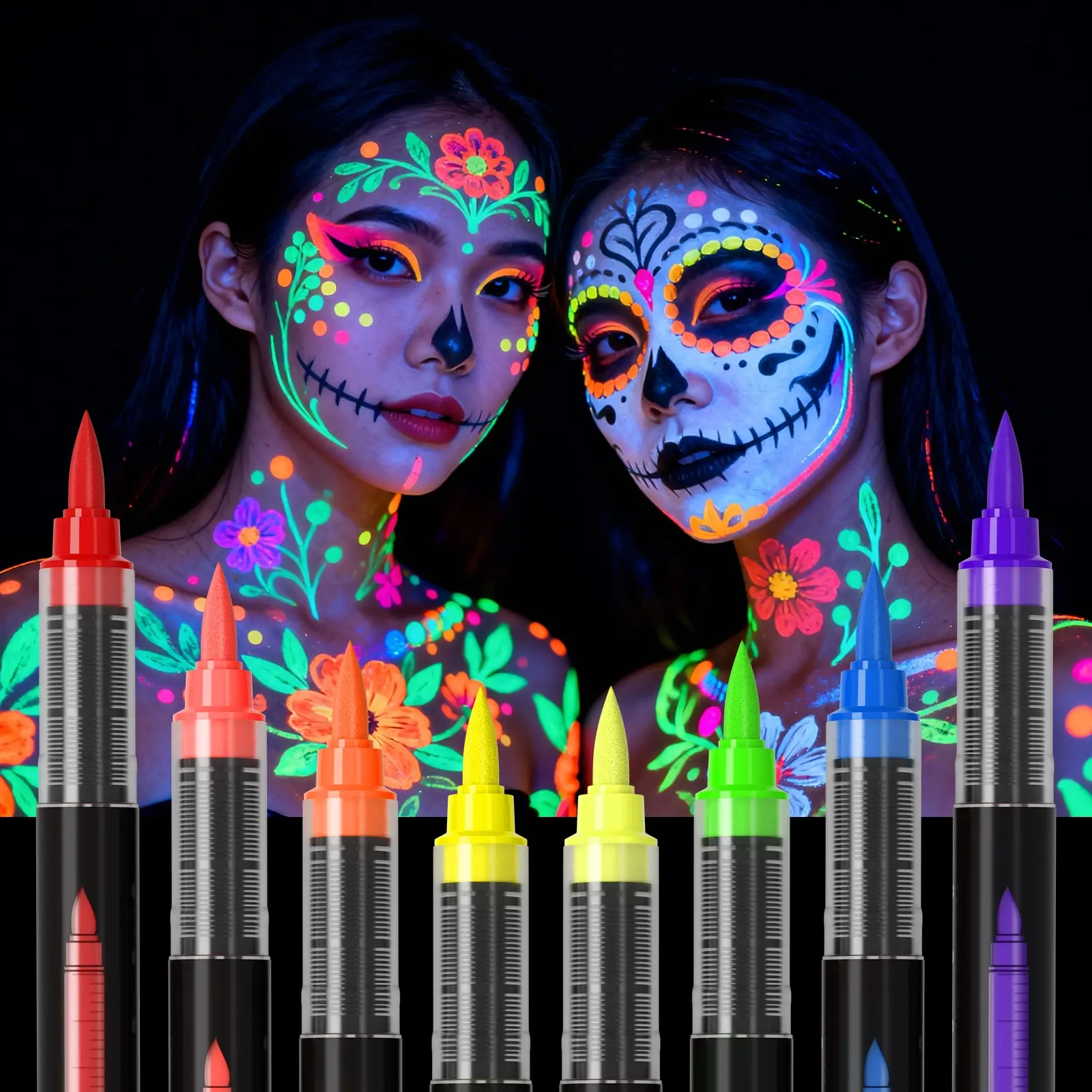 8 Color Glow in the Dark Face Paint, Glow Paint Kit, UV & Light Neon Face and Body Painting Set, Mardi Gras Halloween Masquerade Party Supplies, Luminous Body, Glow Body Makeup