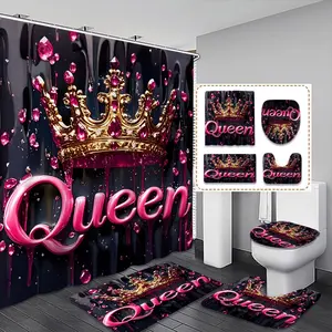 Luxurious Queen Theme Bath Curtain Set, Background with Gold Crown, Waterproof Shower Curtain with 12 Hooks, Bathroom Decor Gift, Bathroom Accessory, Shower Curtain Sets