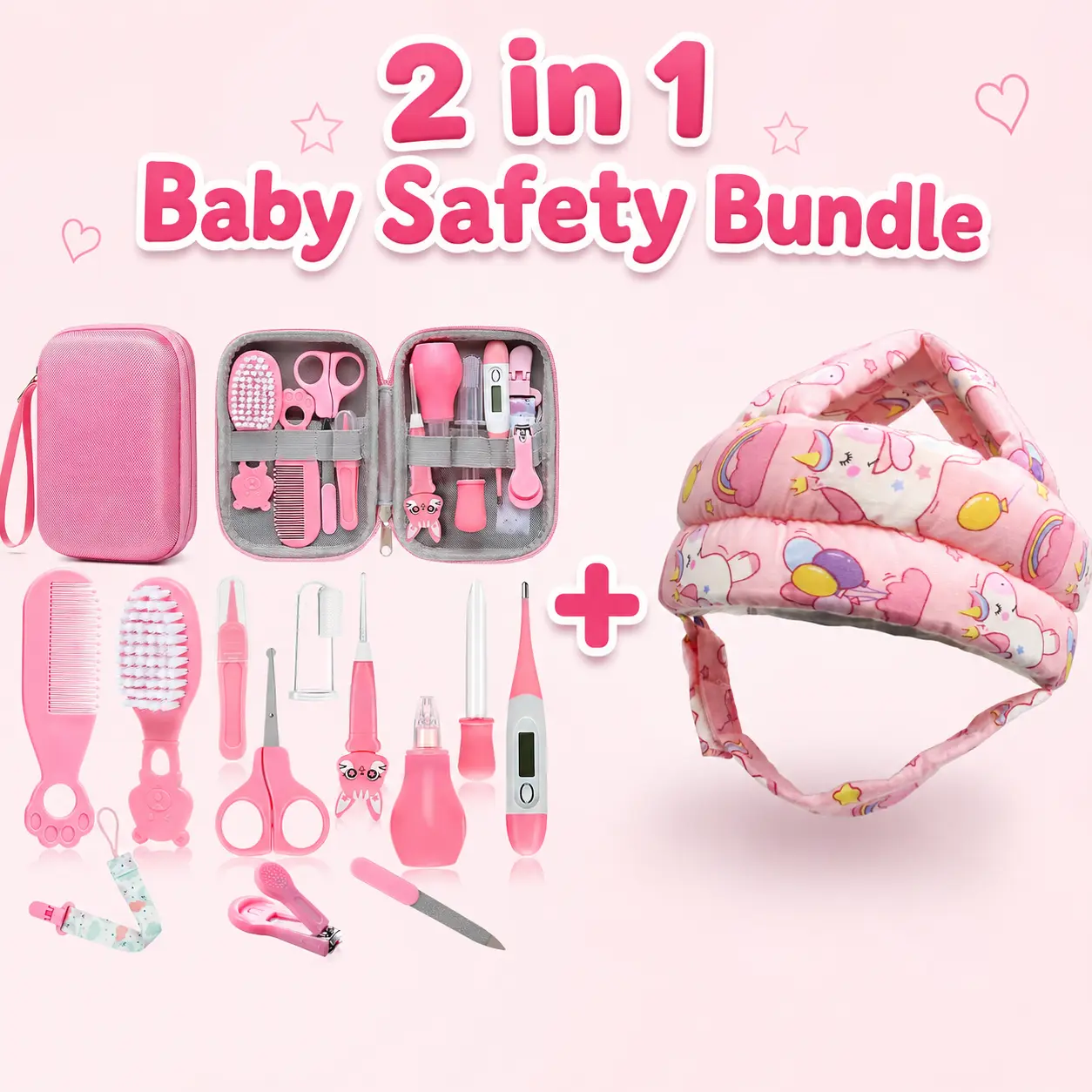 2-in-1 Baby Safety–Baby Healthcare and Grooming Kit with Hair Brush, Comb, Nail Clipper, Thermometer & Pacifier Clip + Baby Head Protector Helmet for Crawling & Walking, Adjustable No Bumps Safety Cap