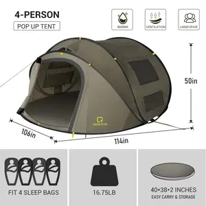 QOMOTOP Instant Tent 4-Person - Pop-Up Camping Tent, Easy Automatic Setup, Waterproof, Large Side Screen Windows, Perfect for Outdoor Adventures, Green