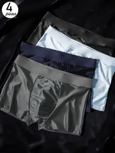 Men's Ice Silk Underwear Set, 4 Pcs Solid Color Boxer Shorts, Breathable Comfortable Fit, Ideal for Summer Wear