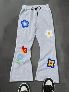 Unisex Retro Floral Print Micro Flare Sweatpants, Light Cotton Fabric, Elastic Waist Drawstring, Casual Sporty Style, All Seasons
