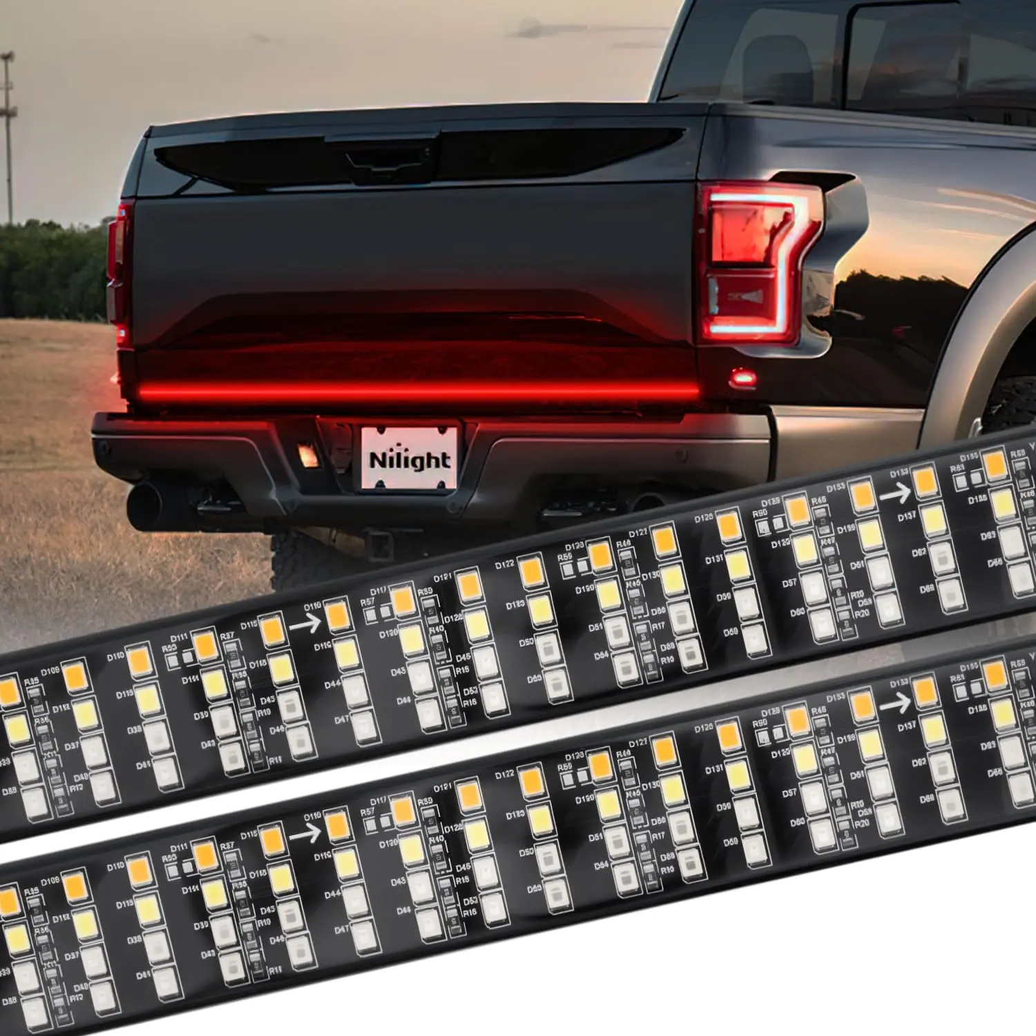 Nilight LED Tailgate Light Strip for Trucks Pickups, 60in Quad Row 648-LED Bar with Super Brightness, Red Running Brake, White Reverse, Amber Turn Signals, Universal Fit, 4-Pin Flat Standard Connector, 4-Pin Flat Connector, Adhesive Mount