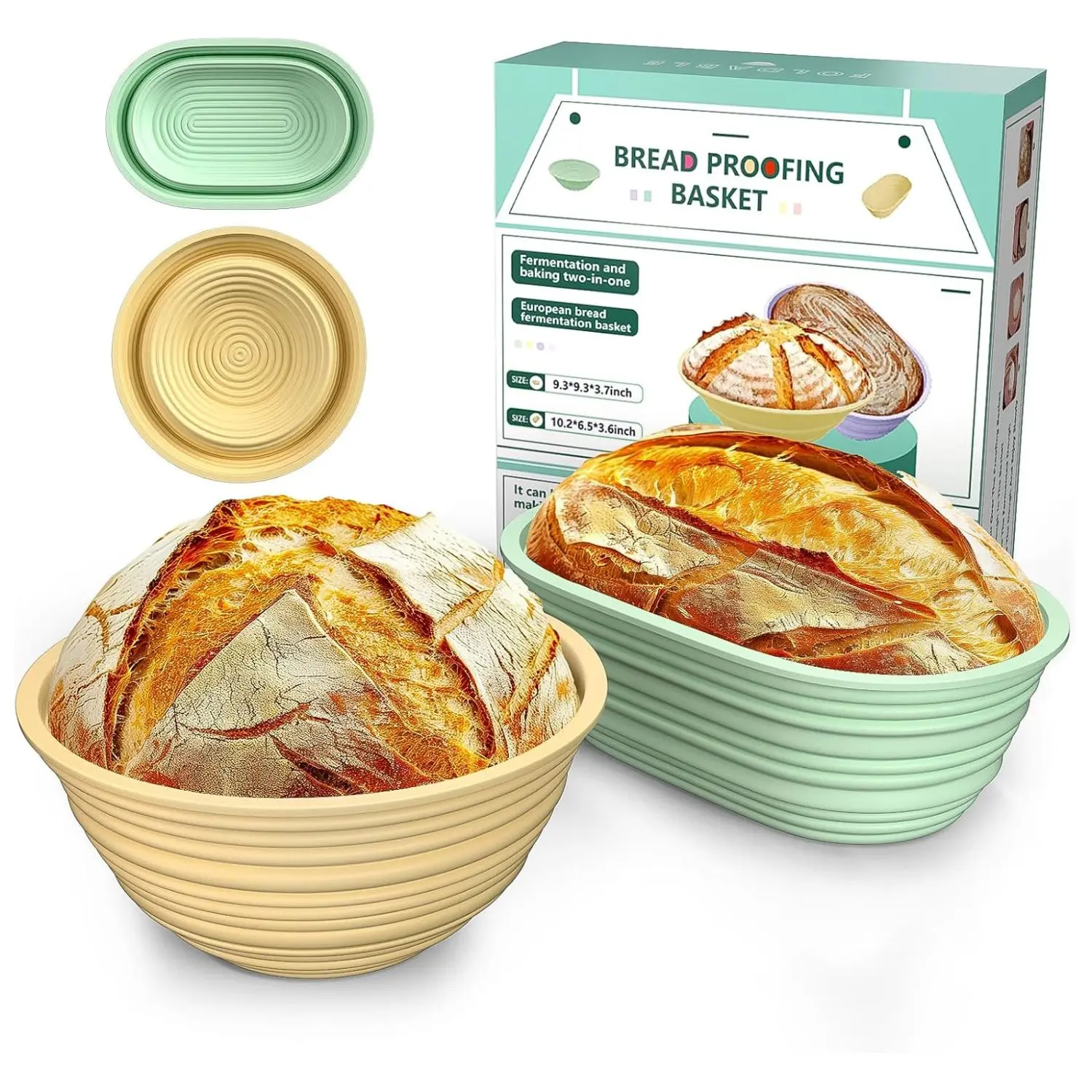 2 Pack Bread Proofing Baskets Sourdough Baking, Silicone Sourdough Bread Proofing Baskets, Bread Baking Supplies Set: 9'' Round & 10'' Oval, Foldable, Non-sticky, Yellow & Green