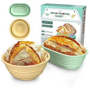 2 Pack Bread Proofing Baskets Sourdough Baking, Silicone Sourdough Bread Proofing Baskets, Bread Baking Supplies Set: 9'' Round & 10'' Oval, Foldable, Non-sticky, Yellow & Green