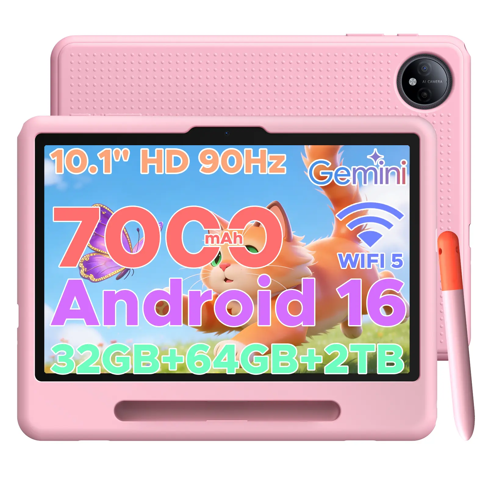 P10 Kid Kids Tablet, 32GB RAM + 64GB ROM, 90Hz  Android 16 Tablet with Gemini AI, Quad-Core T310, 10.1'' IPS HD Screen, 7000mAh, 5G WIFI, 10 inch Talet with Stylus Pen, Silicone Case-Blue