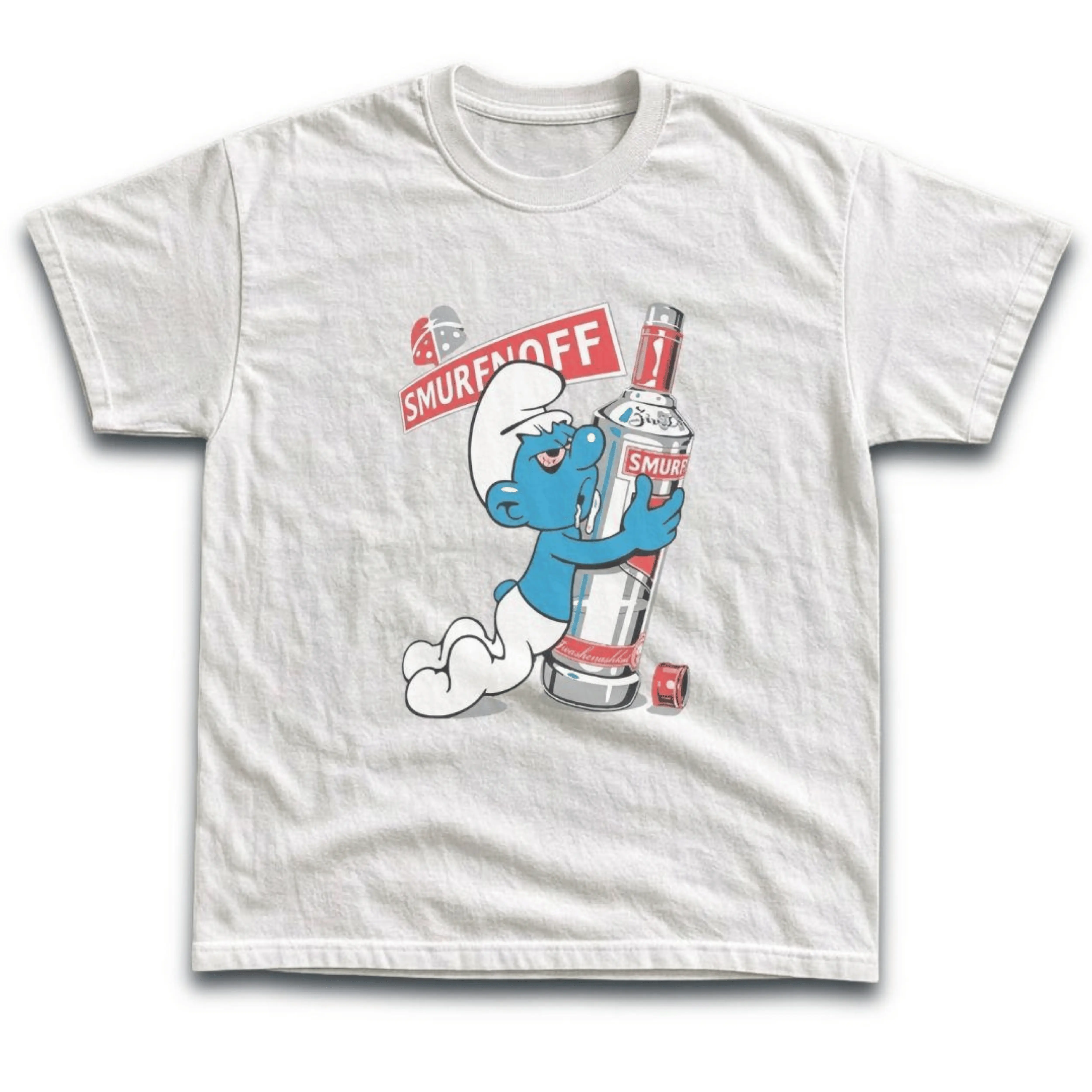 Gildan Men's and Women's T-Shirt, Vintage Smurnoff Smurf Vodka Parody Graphic Tee, Funny Drunk Blue Cartoon Character Shirt, Retro White Summer Top, Harajuku Aesthetic Bootleg Streetwear, Cool Alcohol Drinking Humorous Joke Apparel, Unique Party Gift