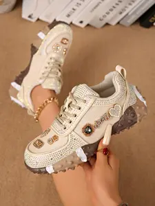 2026 Women's Sequin Rhinestone Thick Sole Dad Shoes, Embroidered Textile Upper, Rubber Sole, Casual Style, All-Season Footwear