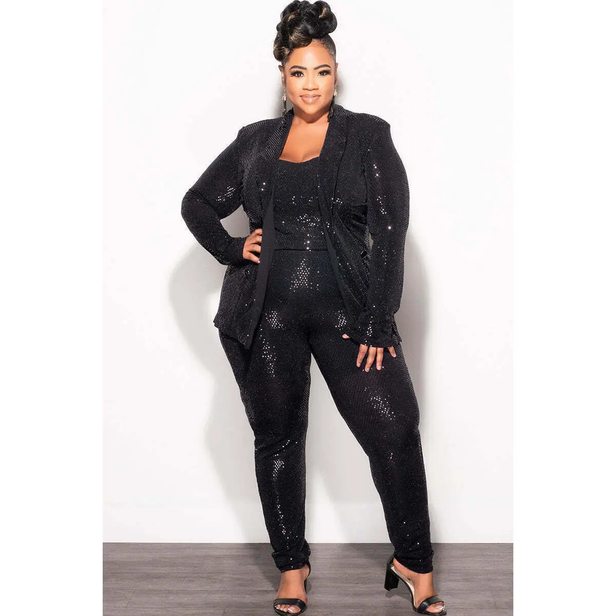 Final Sale Plus Size 3pc Confetti Dot Knit Sequin Pant Set in Black (Tapered Leg)