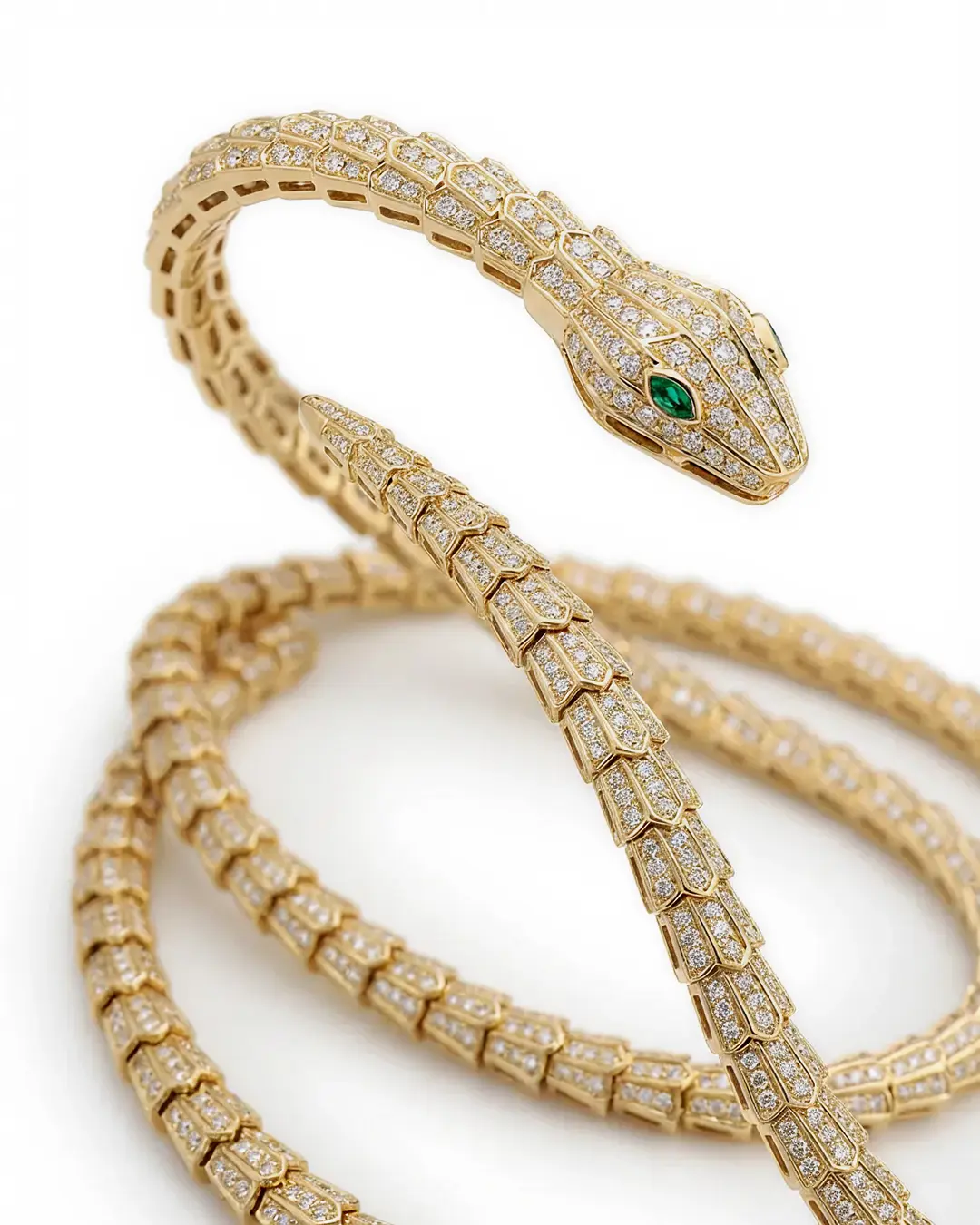 Designer Statement Snake Wrap Necklace with pave Diamond in Yellow Gold plating over Brass 36"