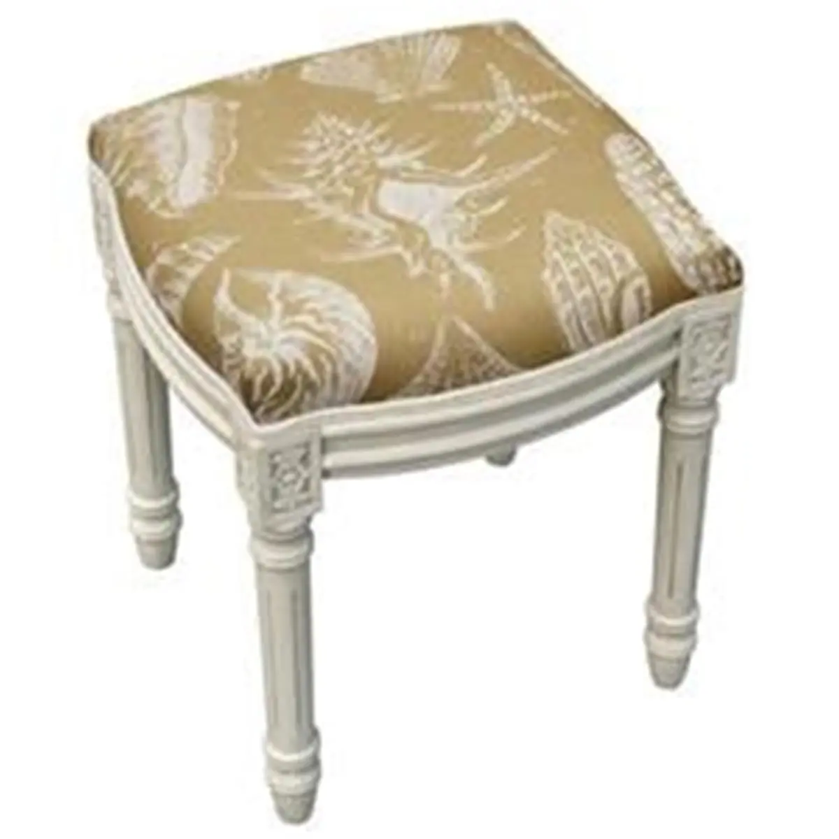 123 Creations WFS020XXBE Armless Vanity Stool - Tan Seashells Linen Upholstered Wooden Piece, Antique White Screw-In Legs, Indoor Furniture Chair & Stool