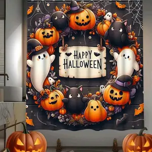 【Fast Delivery]】Halloween Cartoon Ghost Pumpkin Style Shower Curtain, waterproof, durable, easy to clean, machine washable, available in multiple sizes, perfect for bathroom decoration, partition, beautifying space, includes shower curtain hooks