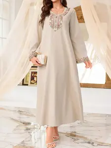 Women's Floral Long Robe, Elegant Modest Style, V Neck + Bell Sleeves, Soft Non-Transparent Fabric, Perfect for Ramadan/eid