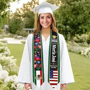 Custom Floral Mexican Graduation Stole, 2 Flag Mexican American Graduation Sash,  Mexican Student Stole 2026, High School College Graduation Graduation Stole