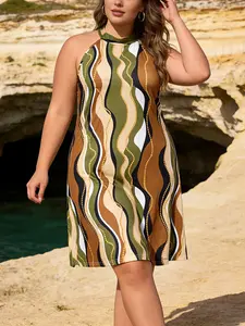Bohemian Style Plus Size Halter Dress Womenswear, Wave Pattern Floral Print, Sleeveless Back Tie Design, Casual Vacation Date