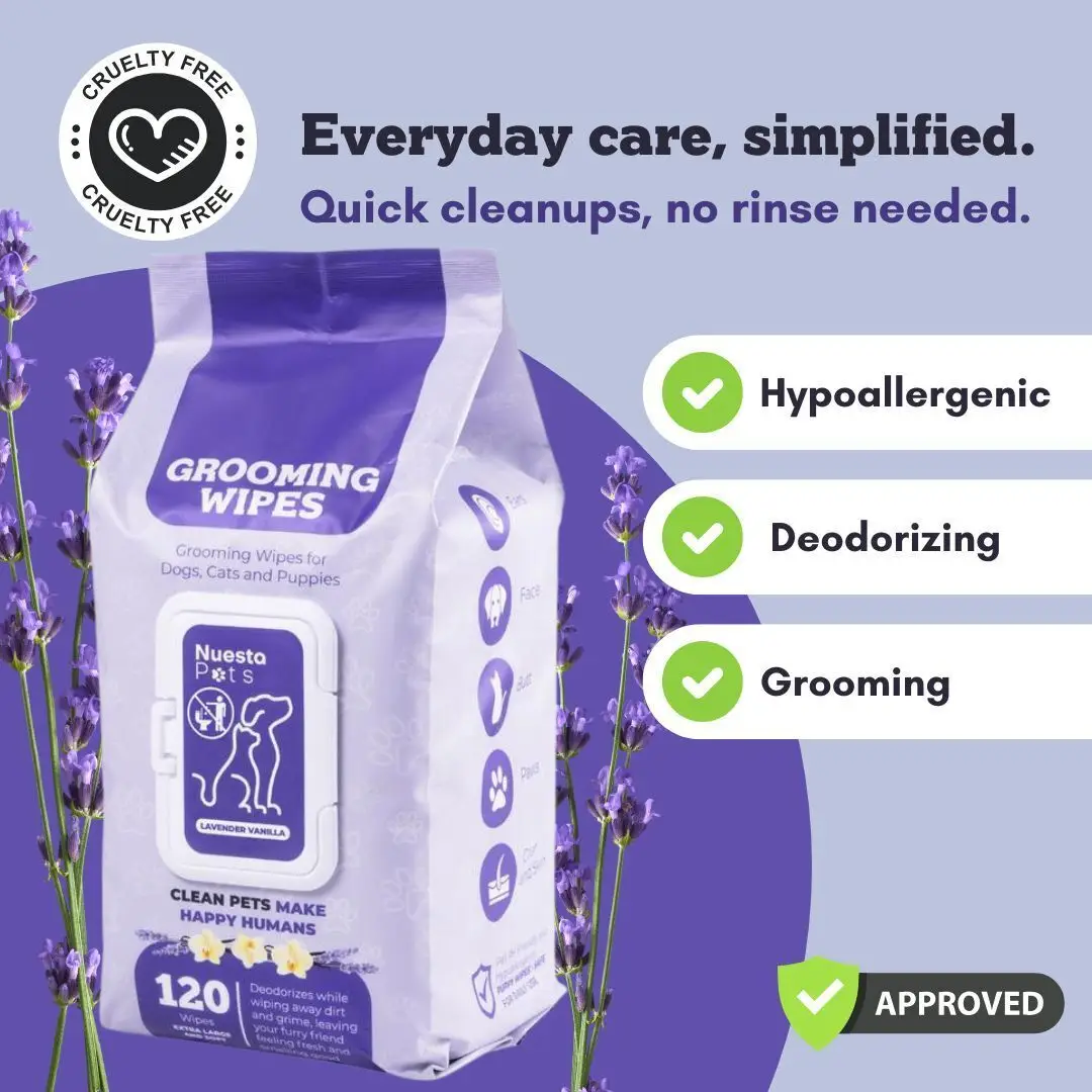 Nuesta Pets Lavender Vanilla Bath Replacement Wipes Extra Large Soft 8x12 Inches Hypoallergenic Deodorizing Grooming Wipes for Dogs & Puppies 120 Coun