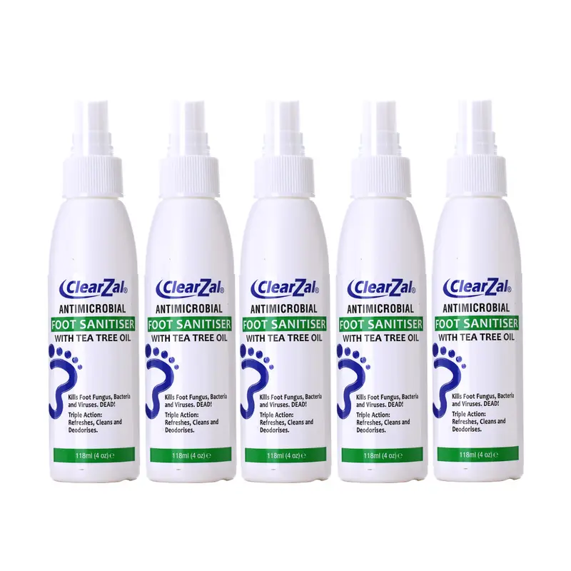 ClearZal Foot Sanitizer Spray with Tea Tree Oil, 4-Ounce Bottle  5 packs for family sharing ,Contains natural tea tree oil and aloe vera Long-lasting disinfectant and antibacterial spray