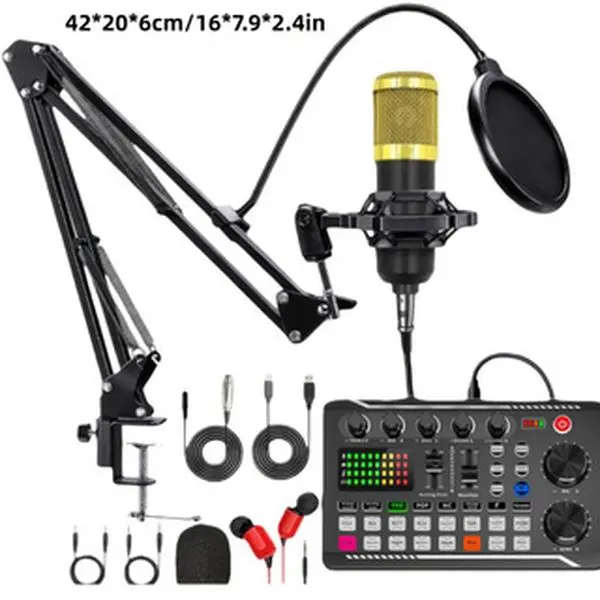 Podcast Equipment Bundle, Podcast Equipment with BM-800 Microphone(Gold) & F998 Sound Card, Recording Studio Equipment for Podcasting, Singing, Gaming, and Live Streaming YouTube Tiktok