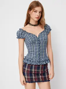 Cider Sweetheart Tartan Ruched Lettuce Trim Layered Blouse