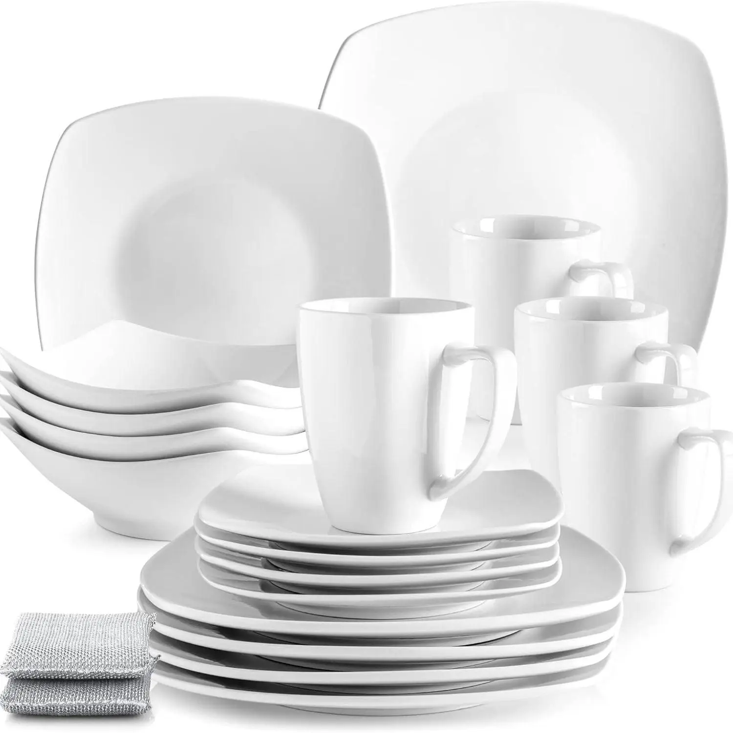 Zulay Kitchen 16-Piece Dinnerware Set for 4 - Stylish Durable Square Porcelain Dishes, Chip & Scratch-Resistant, Dishwasher & Microwave Safe