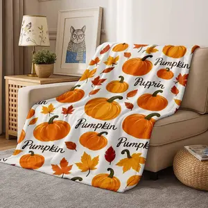 Pumpkin Harvest Flannel Blanket, Autumn Leaf Print, Soft Warm, Lightweight, Cozy, Perfect for Couch, Bed, Sofa, Office, Travel, Fall Season Decoration, Thanksgiving Gift, Housewarming Present, Living Room Decor.