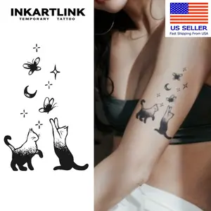 INKARTLINK Magic Tattoo 3 Sheets, Waterproof, Semi-permanent, Long-lasting, Temporary, Simple Fake Tattoo Sticker, Cat Playing Butterfly Tattoo, Juice Tattoo, Party Tattoo, Art Tattoo
