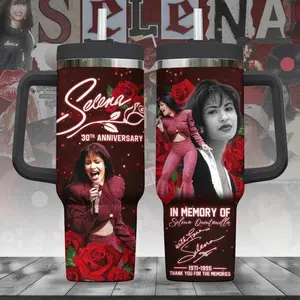 Selena Quintanilla Latin Music Icon Tribute 40oz Handle Tumbler – Red Rose Memorial Design, Tejano Singer Inspired Stainless Steel Travel Cup, Fan Gift