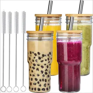 Jar Glass Cups 24oz with Bamboo Lids & Straws Reusable Boba Glasses for Bubble Tea Smoothies Juice Dishwasher Safe Set of 4 Heavy Duty Drinkware Thanksgiving tableware Value Pack Christmas Gift Bottles Wide Mouth