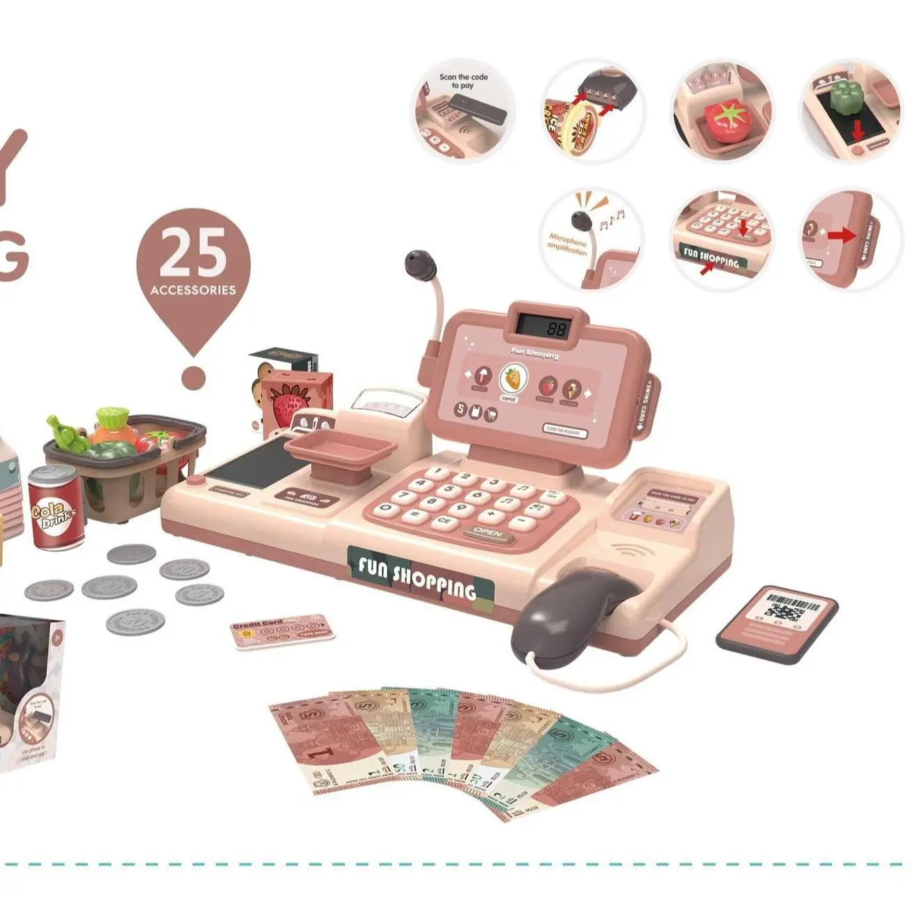 Fancy Fantastic Pretend Play Cashier Register Toys For Kids25pcs with CalculatorPlay , Cash,And Fruits Modes