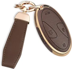 for Hyundai Key Fob Cover with Key Chain, Upper Leather + Soft TPU Car Key Case for Hyundai Ioniq 6 Grandeur GN7 KONA Elanrtra Santa Fe Tucson (2023-2025) Sonata (Brown, 5 Buttons)