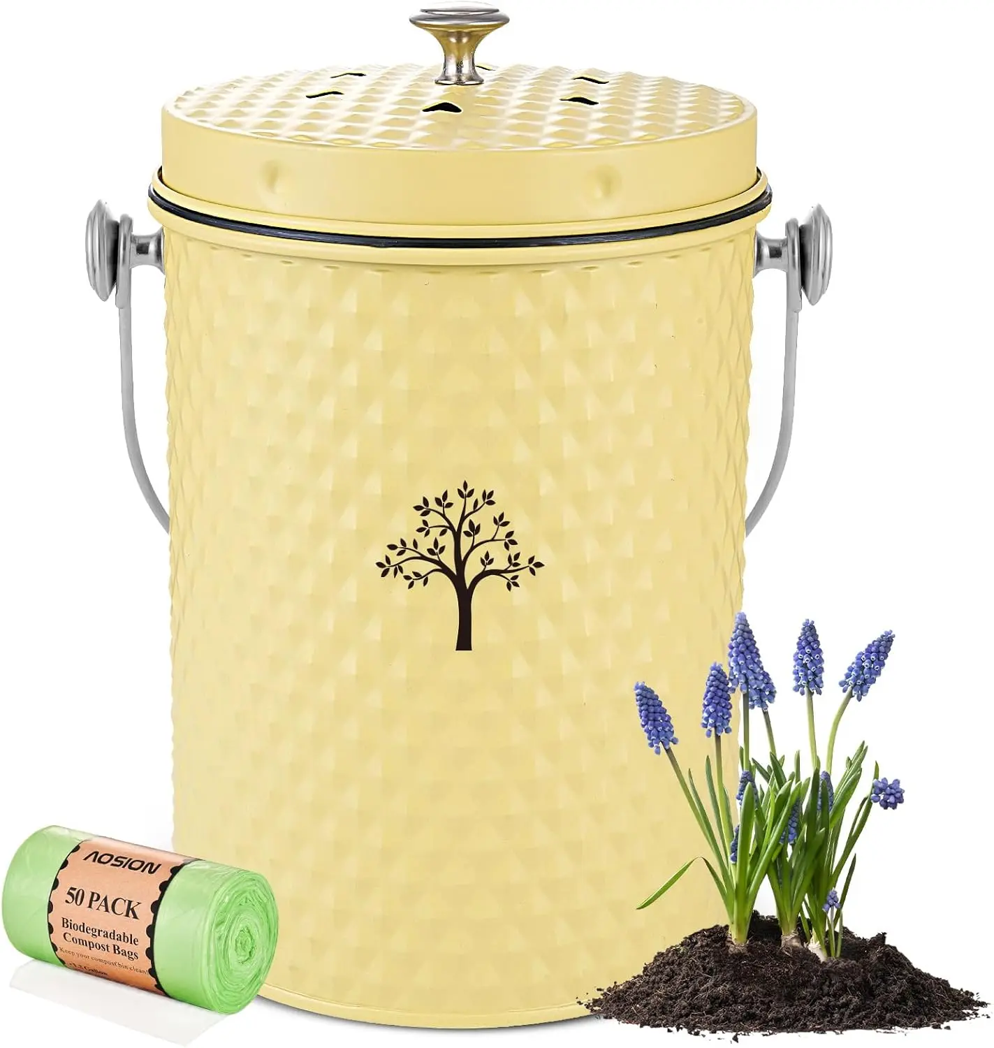 AOSION Countertop Compost Bin Kitchen Odorless Indoor Compost Bin with Lid Bucket Plastic 1.0 Gallons Rust Resistant Metal Outer Bin Yellow Inner Bucket Charcoal Filters Included