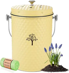 AOSION Countertop Compost Bin Kitchen Odorless Indoor Compost Bin with Lid Bucket Plastic 1.0 Gallons Rust Resistant Metal Outer Bin Yellow Inner Bucket Charcoal Filters Included