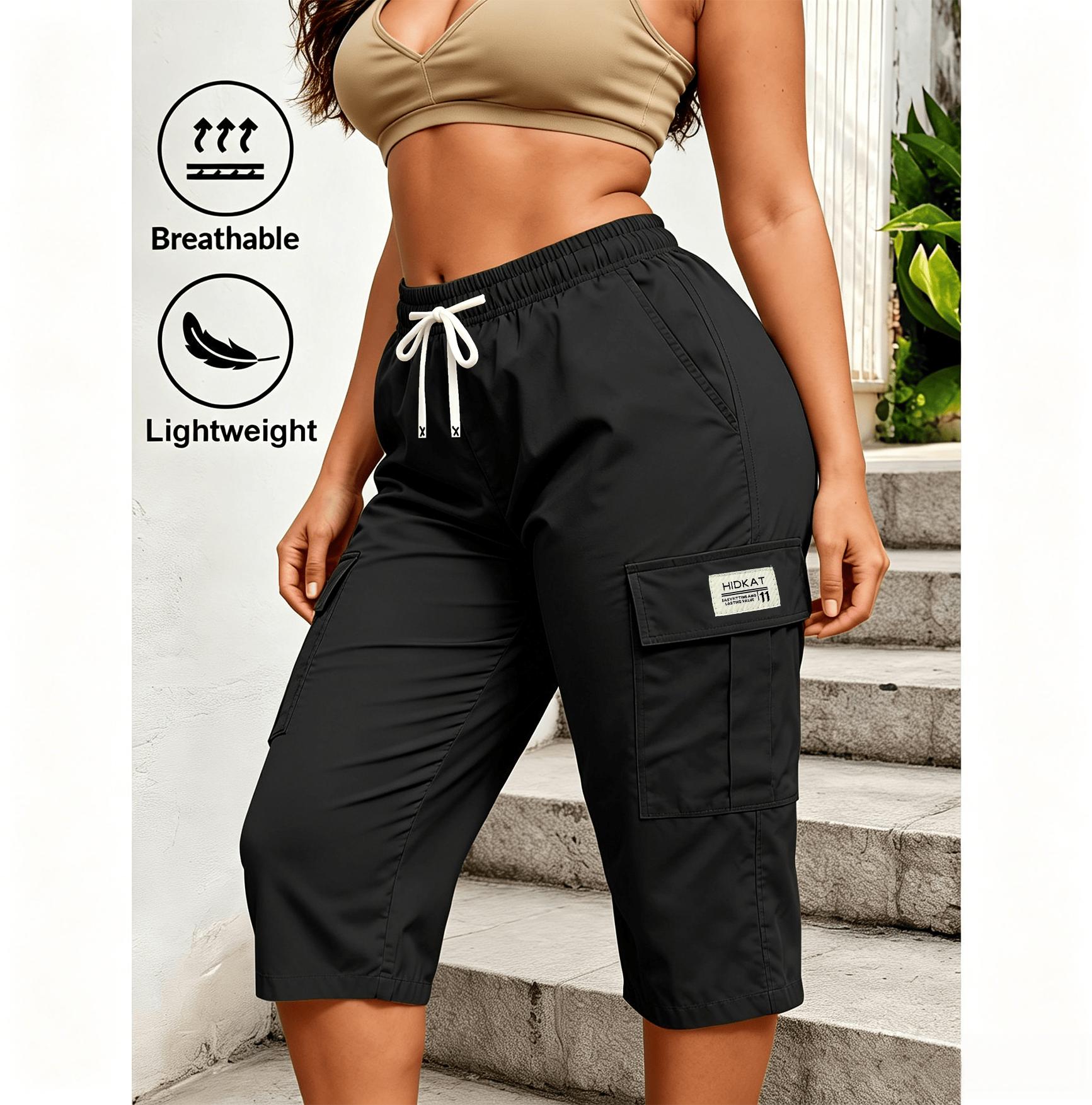 Trendy Women Solid Cargo Capri Pant Elastic Drawstring Waist Multi Flap Pockets Casual Streetwear Daily Outdoor Stylish Slim Fit Women Fashion Bottoms Must-Have Daily Outfit Pants Women's Clothing