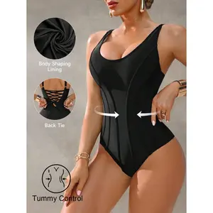 Shapewave 1pc Women's Tummy Control Push-Up Monokini One-Piece Swimsuit, Dark Blue Elegant Casual For Spring/Summer Vacation, Beach, Party, Music Festival