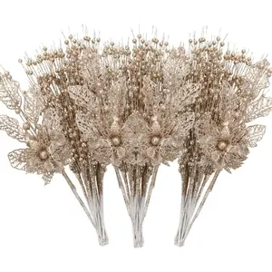 2 flowers +3 berry branches Christmas tree ornaments set, simulation Christmas tree decoration gift small vase home holiday wedding party decoration.