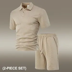 Men's 2-Piece Jacquard Knit Polo Shirt and Shorts Set, Casual Lightweight Summer Outfit, Business Casual Tracksuit for Vacation, Sports and Daily Wear