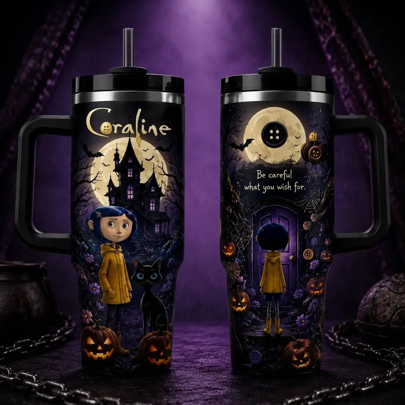 Halloween Coraline Inspired 40oz Stainless Steel Tumbler, Spooky Gothic Travel Mug, Double Wall Vacuum Insulated Cup, Fall Horror Gift