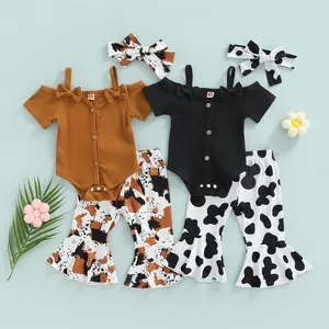 Cow Print Bell Bottoms Baby Girl Off Shoulder Short Sleeve Romper Rib Knit Button Bodysuit Flare Pants Headband Outfits