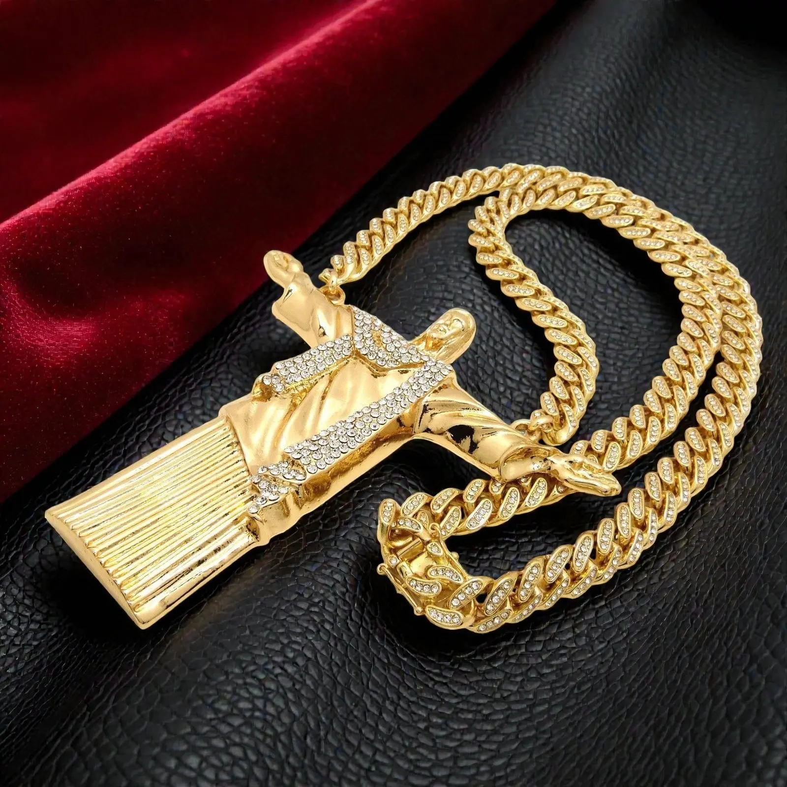 MaxBling81 XXL Jumbo Christ the Redeemer Jesus Charm Pendant with 13mm 24" Iced CZ Cuban Link Chains (18in, 20in, 24in, 30in) - Unisex Chain & Link Hip Hop Fashion Costume Jewelry Necklace for Men, Necklace Set, Cuban Link Necklace