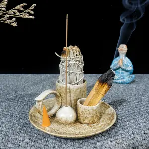 5.1Inch 5-in-1 Ceramic Smudge Bowl Brown - Incense Stick Holder, Small Candle Holder, Smudge Bowl/Dish, Fits Palo Santo, Sage.Zen Altar for Meditation/Yoga, Aromatic Scents, Easy to Clean
