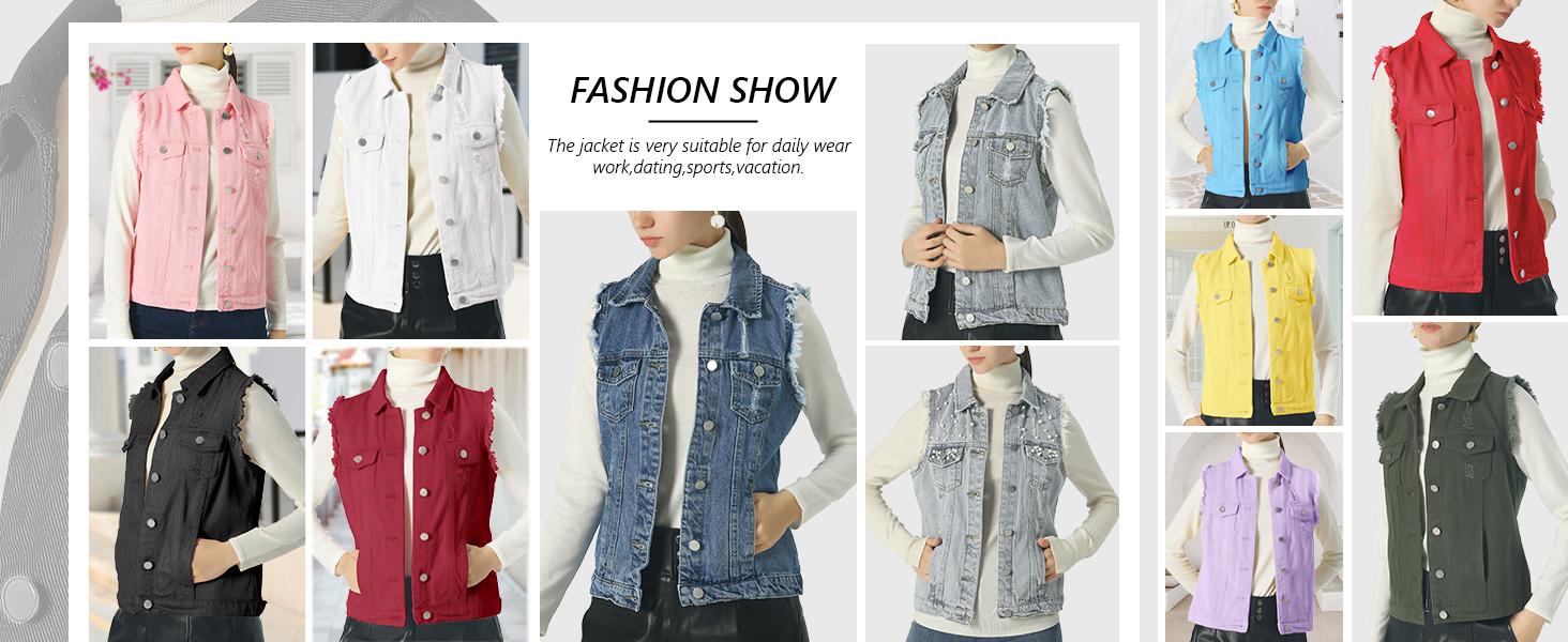 Ebossy Women's Candy Color Slim Fit Sleeveless Distressed Denim Jean Vest Jacket with Button-Flap Chest Pockets & Side Seam Pockets