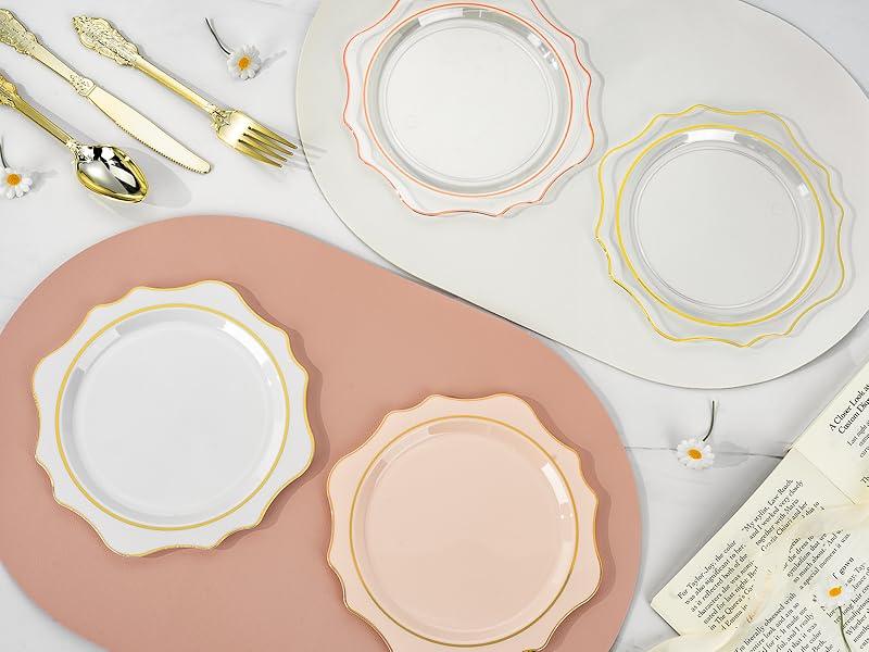 50 PCS White and Pink Disposable Plates for 50 Guests, Scalloped Plastic Plates, Dinner Plates, Dessert Plates for Party, Wedding and Graduation