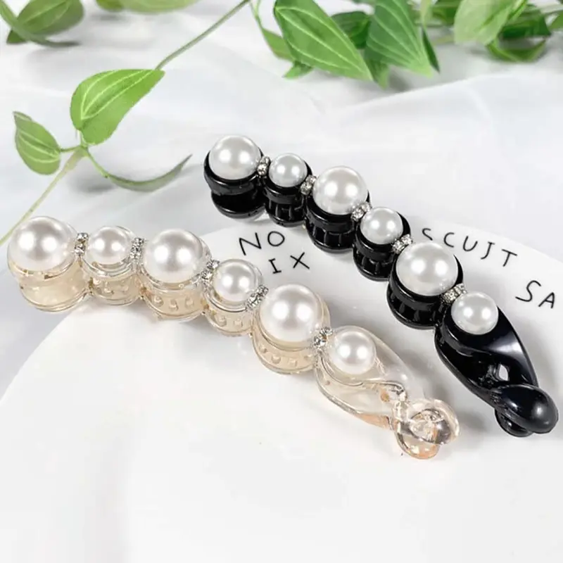 Faux Pearl Decorated Hair Clip Set (2pcs), Cute Banana Hair Clips Long Hair for Women & Girls, Minimalist Headwear Suitable for Thick Hair, Hairclips